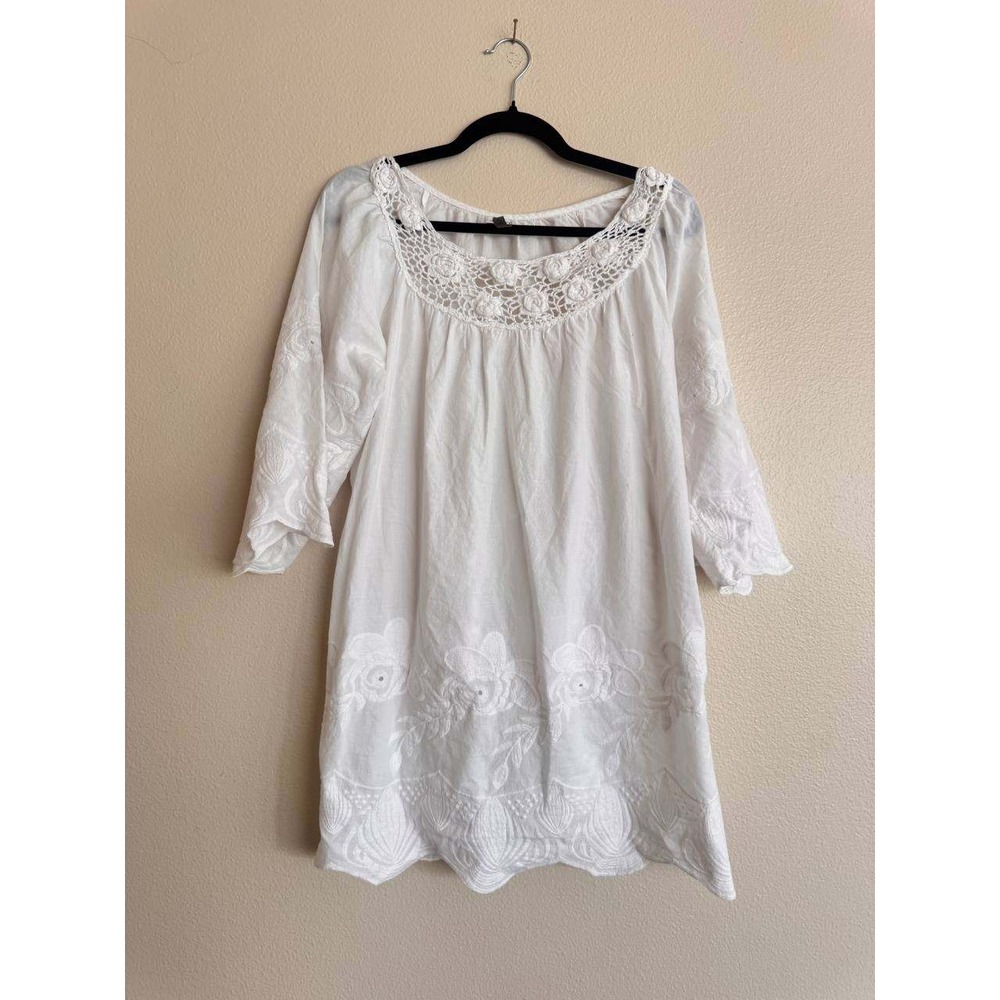XCVI White Cotton Embroidered Peasant Dress M Boho Cottagecore Coquette Beach